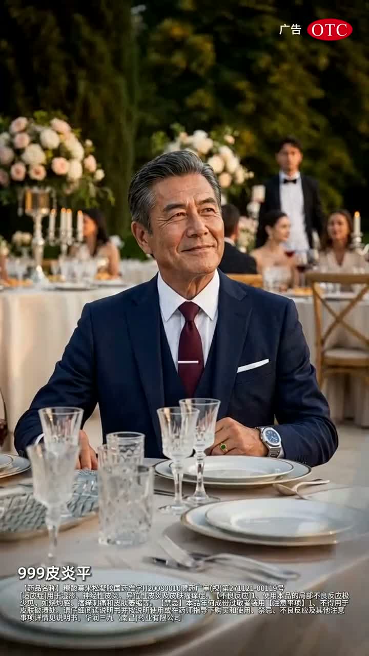999皮炎平 AIGC 真人短剧的户外宴会场景,保留品牌与广告标识