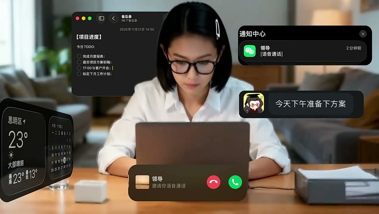 海信新品电视 AIGC TVC 中女性角色在电脑前工作,周围叠加待办与消息提示画面