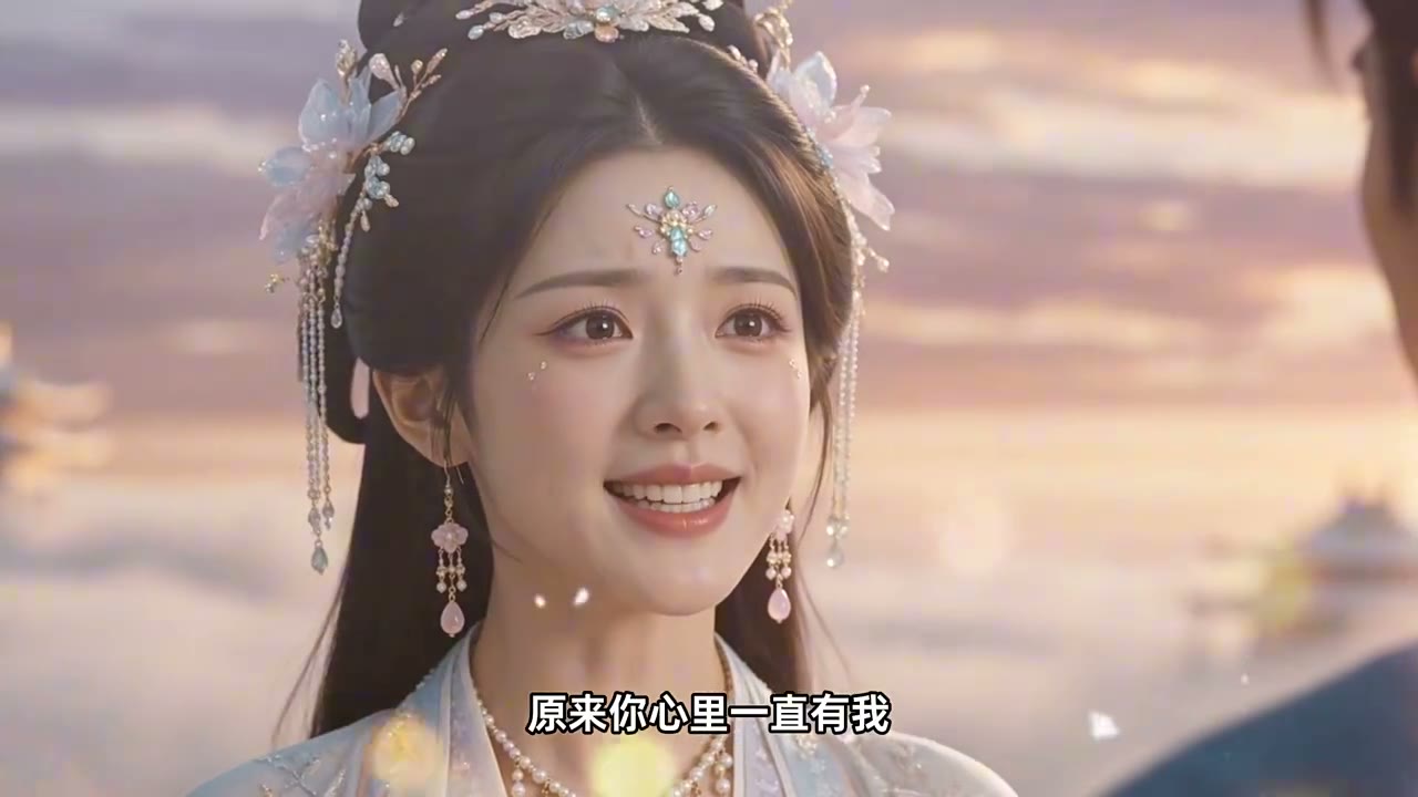 天猫七夕品牌视频中的古装女性角色特写,画面字幕为“原来你心里一直有我”