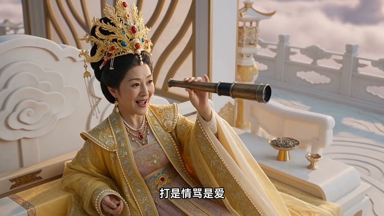 天猫七夕 AIGC 创意视频中,古装人物在云间宫殿手持望远镜,画面配有情感对白字幕